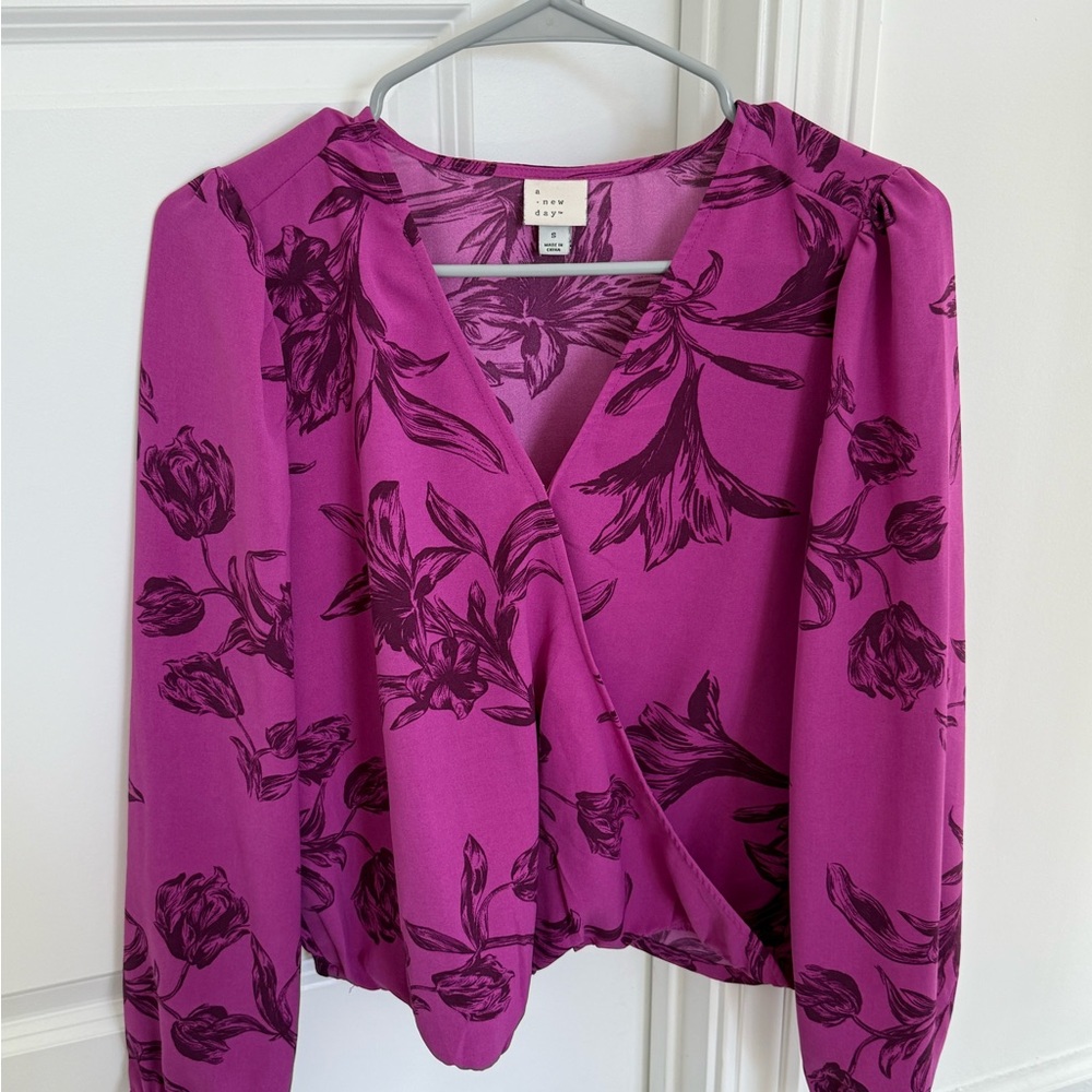 a new day Magenta Floral Wrap-Style Long Sleeve Blouse